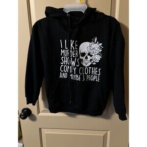 I Like Murder Shows Black Pullover Sweatshirt Hood Skull Halloween Size M Preown